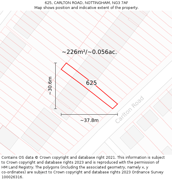625, CARLTON ROAD, NOTTINGHAM, NG3 7AF: Plot and title map