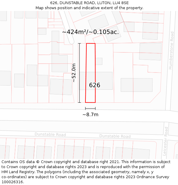 626, DUNSTABLE ROAD, LUTON, LU4 8SE: Plot and title map