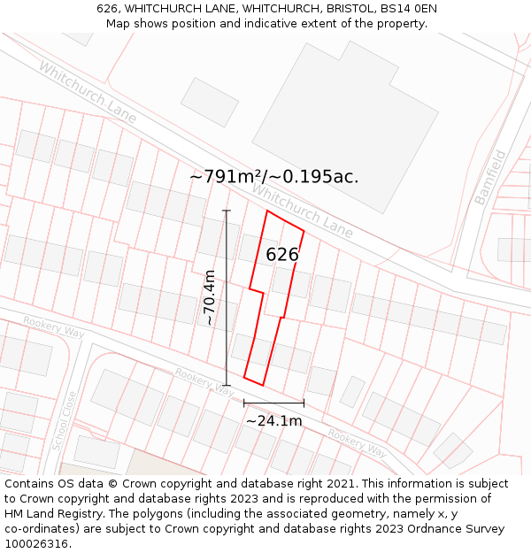 626, WHITCHURCH LANE, WHITCHURCH, BRISTOL, BS14 0EN: Plot and title map