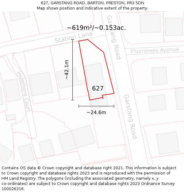 627, GARSTANG ROAD, BARTON, PRESTON, PR3 5DN: Plot and title map