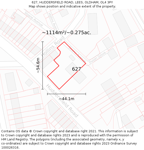 627, HUDDERSFIELD ROAD, LEES, OLDHAM, OL4 3PY: Plot and title map
