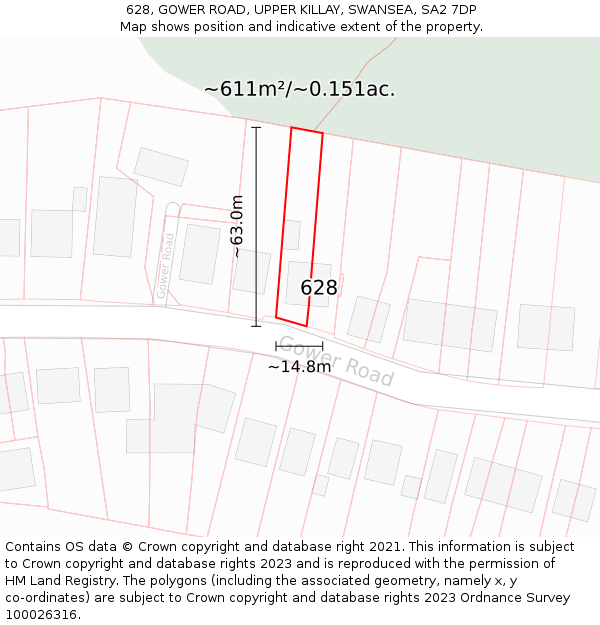 628, GOWER ROAD, UPPER KILLAY, SWANSEA, SA2 7DP: Plot and title map