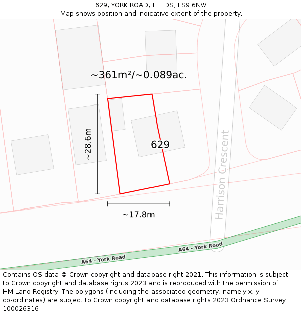 629, YORK ROAD, LEEDS, LS9 6NW: Plot and title map