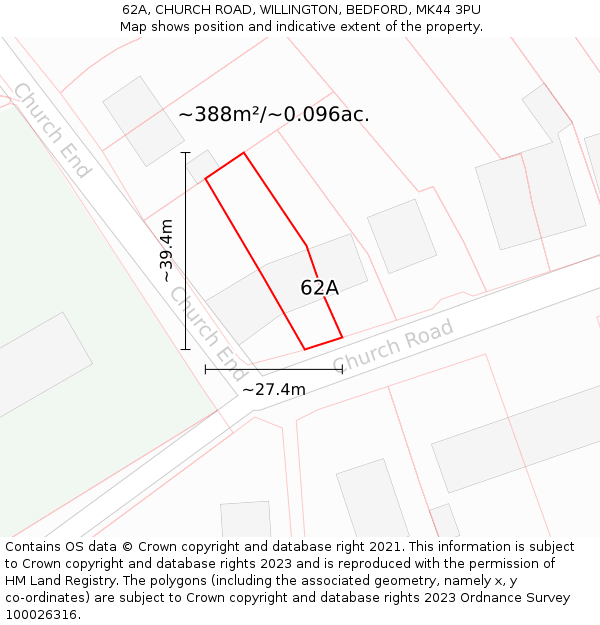 62A, CHURCH ROAD, WILLINGTON, BEDFORD, MK44 3PU: Plot and title map