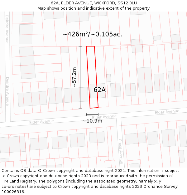 62A, ELDER AVENUE, WICKFORD, SS12 0LU: Plot and title map