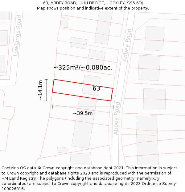 63, ABBEY ROAD, HULLBRIDGE, HOCKLEY, SS5 6DJ: Plot and title map