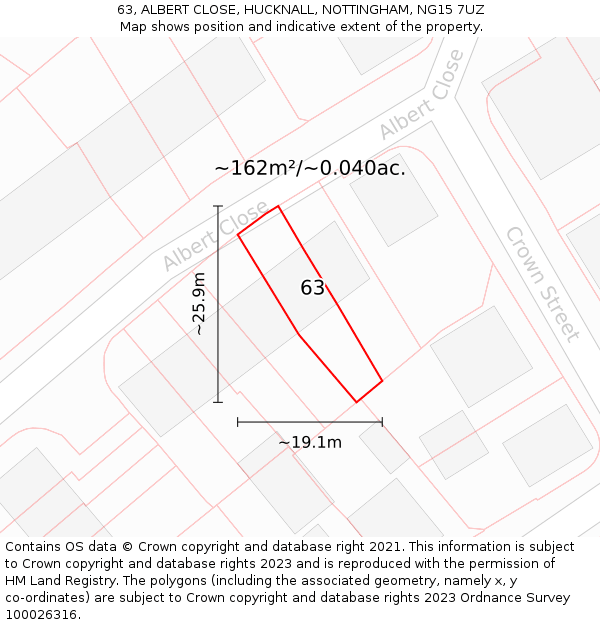 63, ALBERT CLOSE, HUCKNALL, NOTTINGHAM, NG15 7UZ: Plot and title map