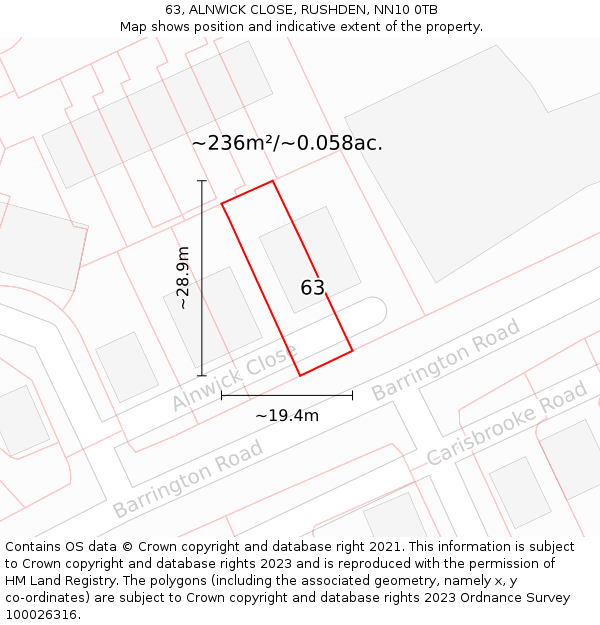 63, ALNWICK CLOSE, RUSHDEN, NN10 0TB: Plot and title map
