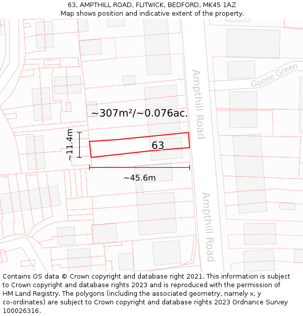 63, AMPTHILL ROAD, FLITWICK, BEDFORD, MK45 1AZ: Plot and title map