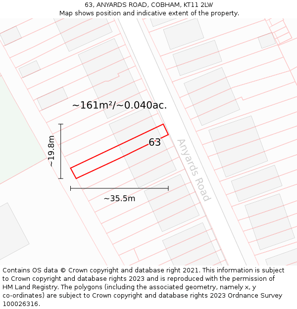 63, ANYARDS ROAD, COBHAM, KT11 2LW: Plot and title map
