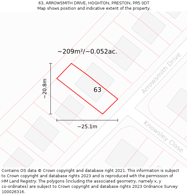 63, ARROWSMITH DRIVE, HOGHTON, PRESTON, PR5 0DT: Plot and title map