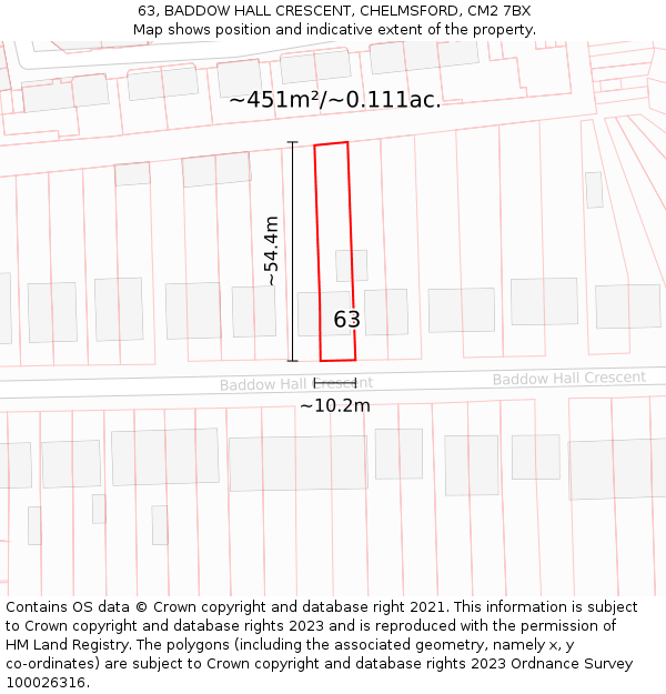 63, BADDOW HALL CRESCENT, CHELMSFORD, CM2 7BX: Plot and title map