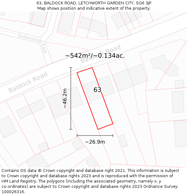 63, BALDOCK ROAD, LETCHWORTH GARDEN CITY, SG6 3JP: Plot and title map