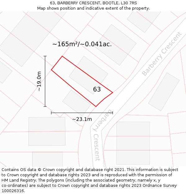 63, BARBERRY CRESCENT, BOOTLE, L30 7RS: Plot and title map