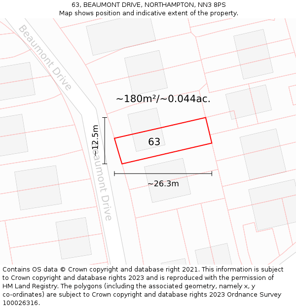 63, BEAUMONT DRIVE, NORTHAMPTON, NN3 8PS: Plot and title map