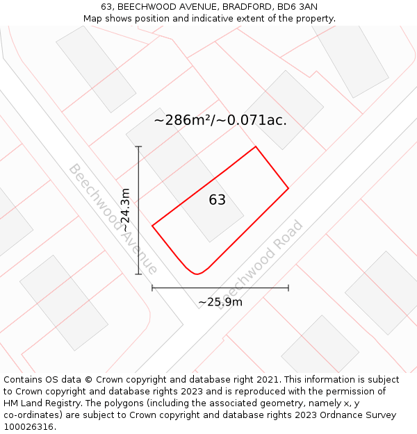 63, BEECHWOOD AVENUE, BRADFORD, BD6 3AN: Plot and title map