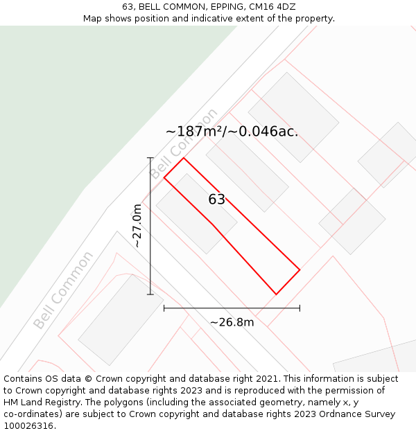 63, BELL COMMON, EPPING, CM16 4DZ: Plot and title map
