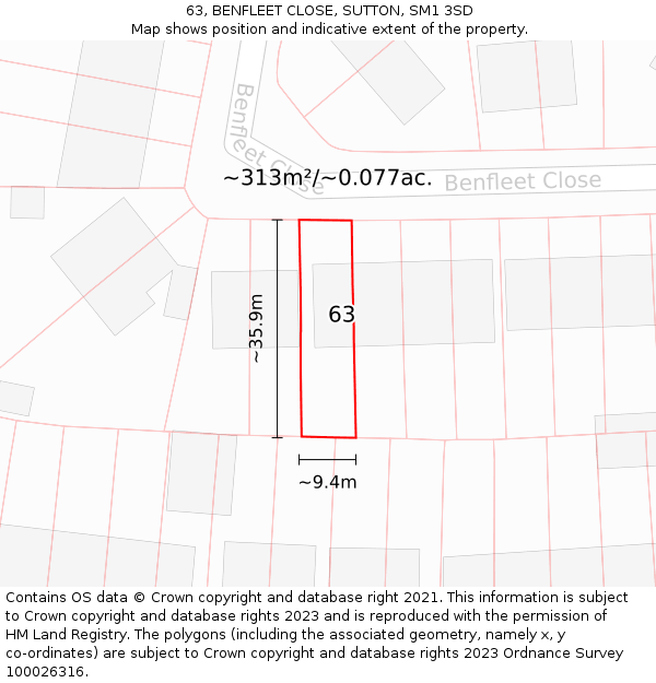 63, BENFLEET CLOSE, SUTTON, SM1 3SD: Plot and title map
