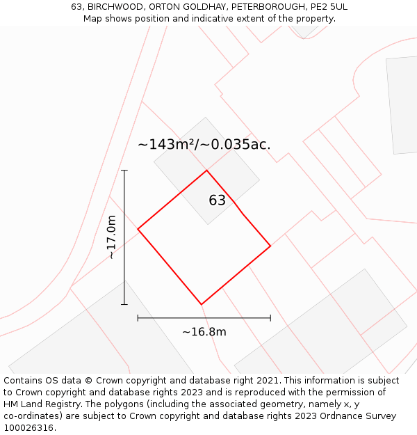 63, BIRCHWOOD, ORTON GOLDHAY, PETERBOROUGH, PE2 5UL: Plot and title map