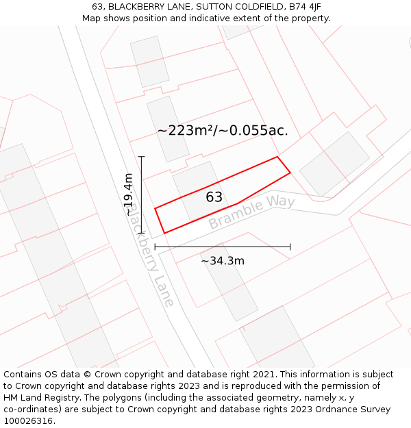 63, BLACKBERRY LANE, SUTTON COLDFIELD, B74 4JF: Plot and title map