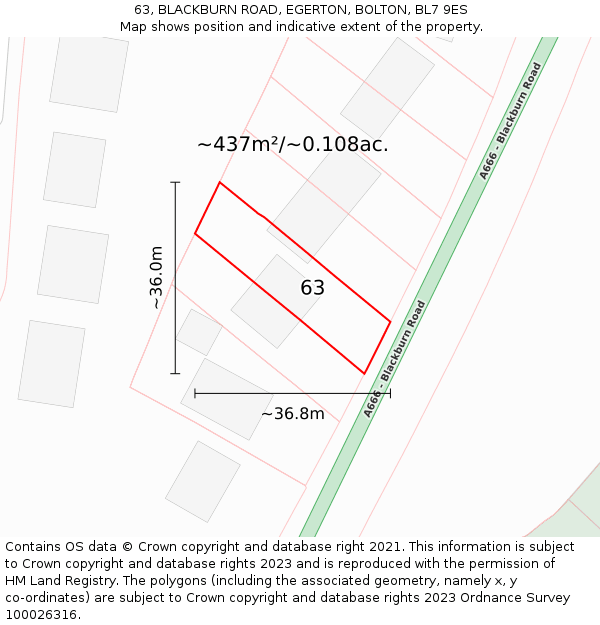 63, BLACKBURN ROAD, EGERTON, BOLTON, BL7 9ES: Plot and title map