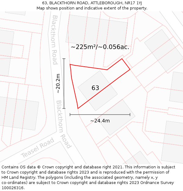63, BLACKTHORN ROAD, ATTLEBOROUGH, NR17 1YJ: Plot and title map