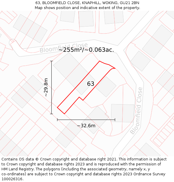 63, BLOOMFIELD CLOSE, KNAPHILL, WOKING, GU21 2BN: Plot and title map
