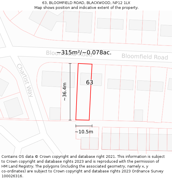 63, BLOOMFIELD ROAD, BLACKWOOD, NP12 1LX: Plot and title map
