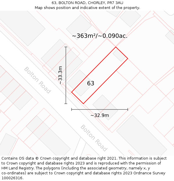 63, BOLTON ROAD, CHORLEY, PR7 3AU: Plot and title map