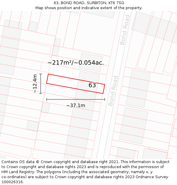 63, BOND ROAD, SURBITON, KT6 7SG: Plot and title map