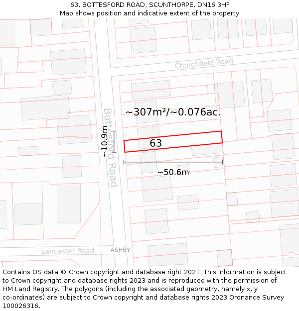 63, BOTTESFORD ROAD, SCUNTHORPE, DN16 3HF: Plot and title map