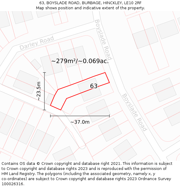 63, BOYSLADE ROAD, BURBAGE, HINCKLEY, LE10 2RF: Plot and title map