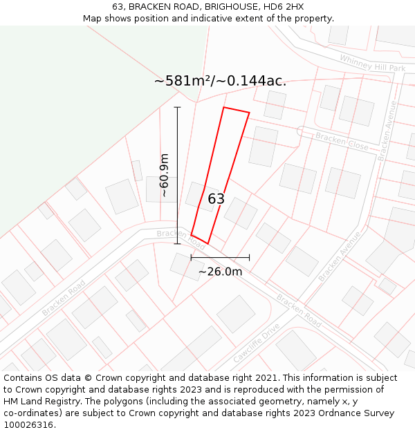 63, BRACKEN ROAD, BRIGHOUSE, HD6 2HX: Plot and title map