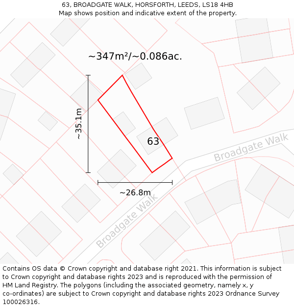63, BROADGATE WALK, HORSFORTH, LEEDS, LS18 4HB: Plot and title map