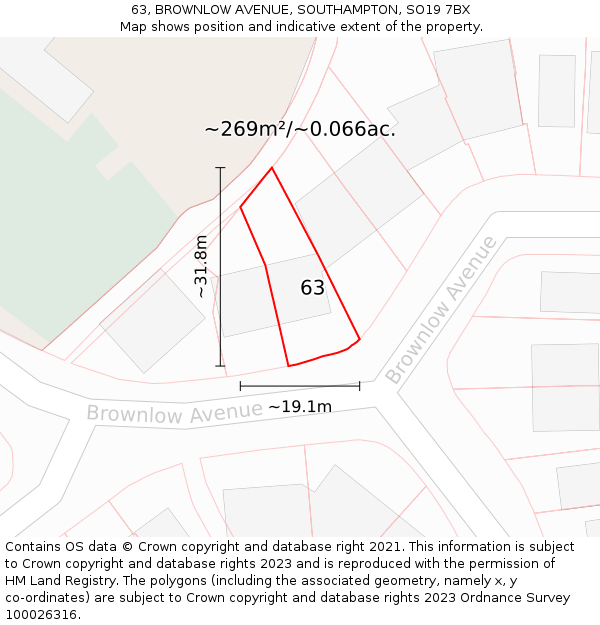 63, BROWNLOW AVENUE, SOUTHAMPTON, SO19 7BX: Plot and title map
