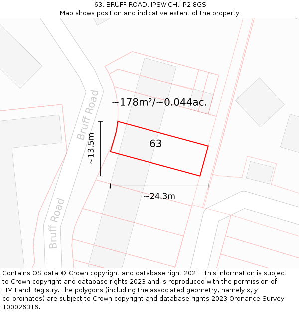 63, BRUFF ROAD, IPSWICH, IP2 8GS: Plot and title map