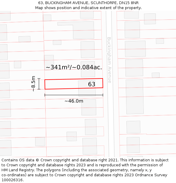 63, BUCKINGHAM AVENUE, SCUNTHORPE, DN15 8NR: Plot and title map