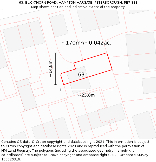 63, BUCKTHORN ROAD, HAMPTON HARGATE, PETERBOROUGH, PE7 8EE: Plot and title map