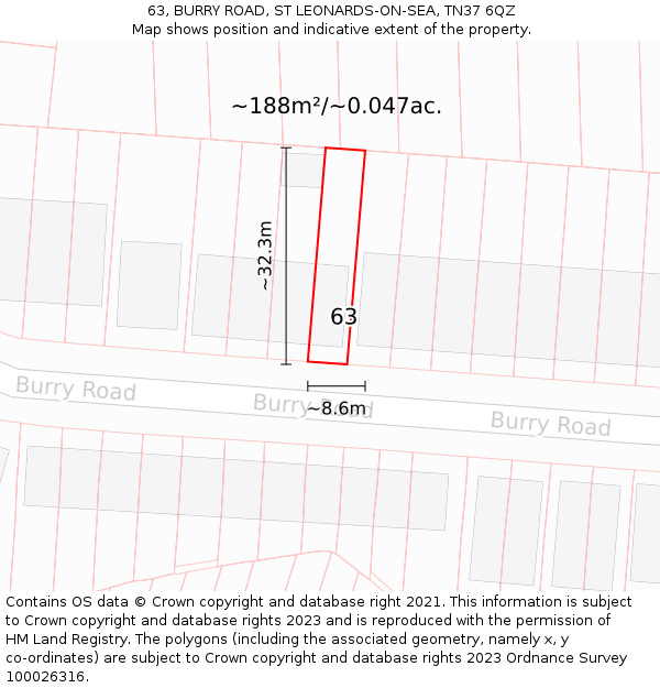 63, BURRY ROAD, ST LEONARDS-ON-SEA, TN37 6QZ: Plot and title map