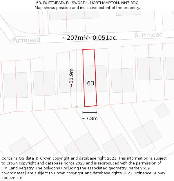 63, BUTTMEAD, BLISWORTH, NORTHAMPTON, NN7 3DQ: Plot and title map