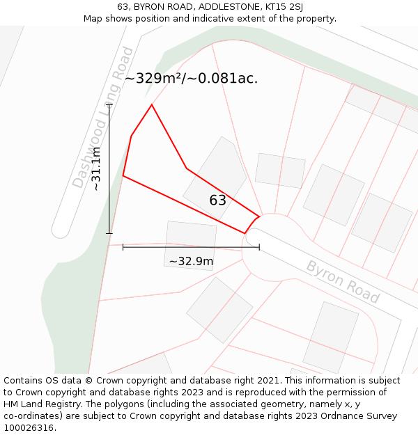 63, BYRON ROAD, ADDLESTONE, KT15 2SJ: Plot and title map