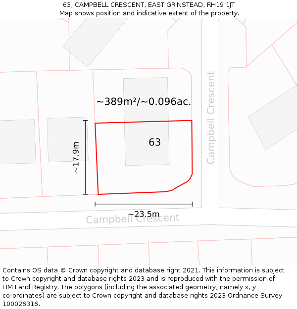 63, CAMPBELL CRESCENT, EAST GRINSTEAD, RH19 1JT: Plot and title map