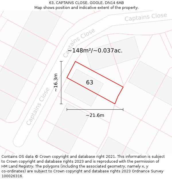 63, CAPTAINS CLOSE, GOOLE, DN14 6AB: Plot and title map