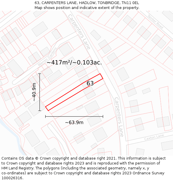 63, CARPENTERS LANE, HADLOW, TONBRIDGE, TN11 0EL: Plot and title map