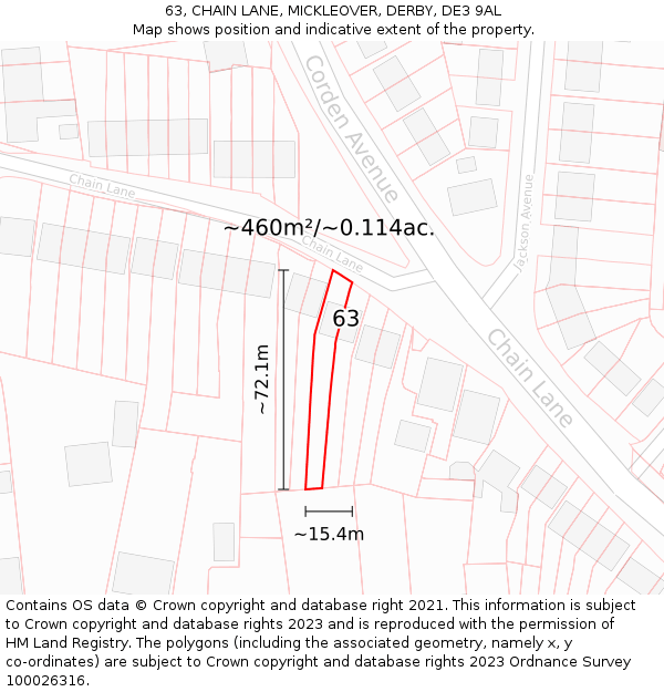 63, CHAIN LANE, MICKLEOVER, DERBY, DE3 9AL: Plot and title map