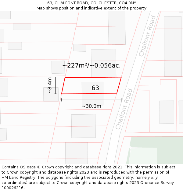 63, CHALFONT ROAD, COLCHESTER, CO4 0NY: Plot and title map