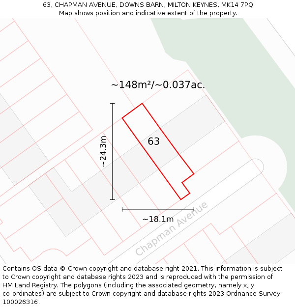 63, CHAPMAN AVENUE, DOWNS BARN, MILTON KEYNES, MK14 7PQ: Plot and title map