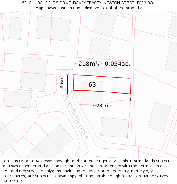 63, CHURCHFIELDS DRIVE, BOVEY TRACEY, NEWTON ABBOT, TQ13 9QU: Plot and title map