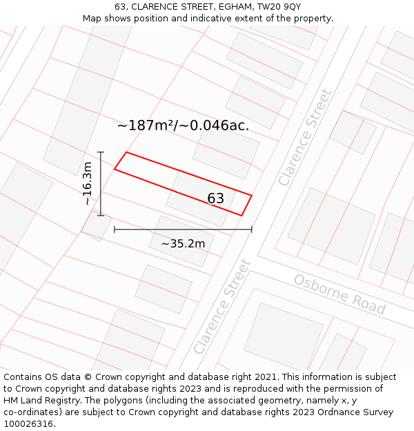 63, CLARENCE STREET, EGHAM, TW20 9QY: Plot and title map