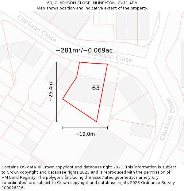 63, CLARKSON CLOSE, NUNEATON, CV11 4BA: Plot and title map